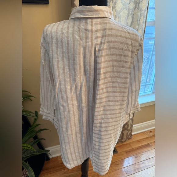 Chico's Striped 3/4 Sleeve 100% Linen Button Down Shirt Womens Sz 3P Beige/White - Picture 4 of 12